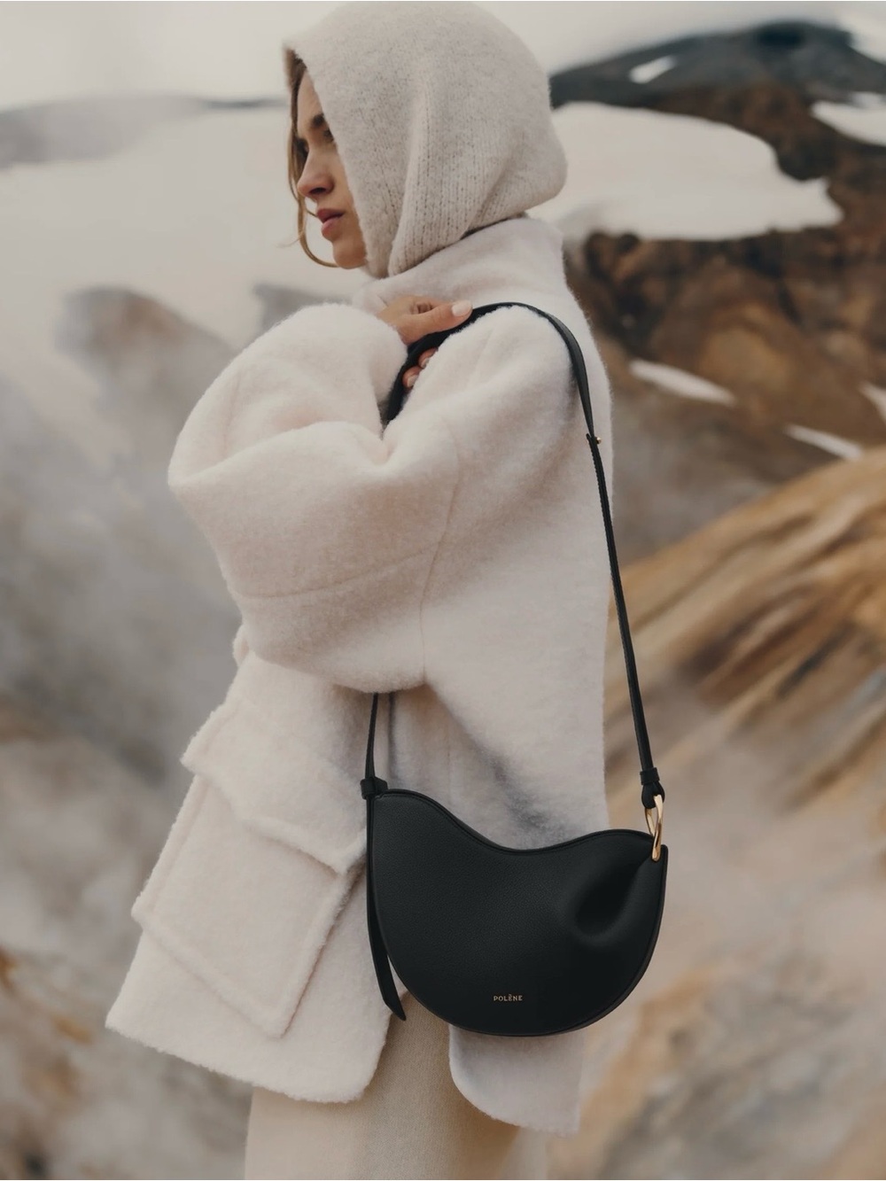 Polene Tonca NWT Black Curved Crossbody Bag with Gold Hardware